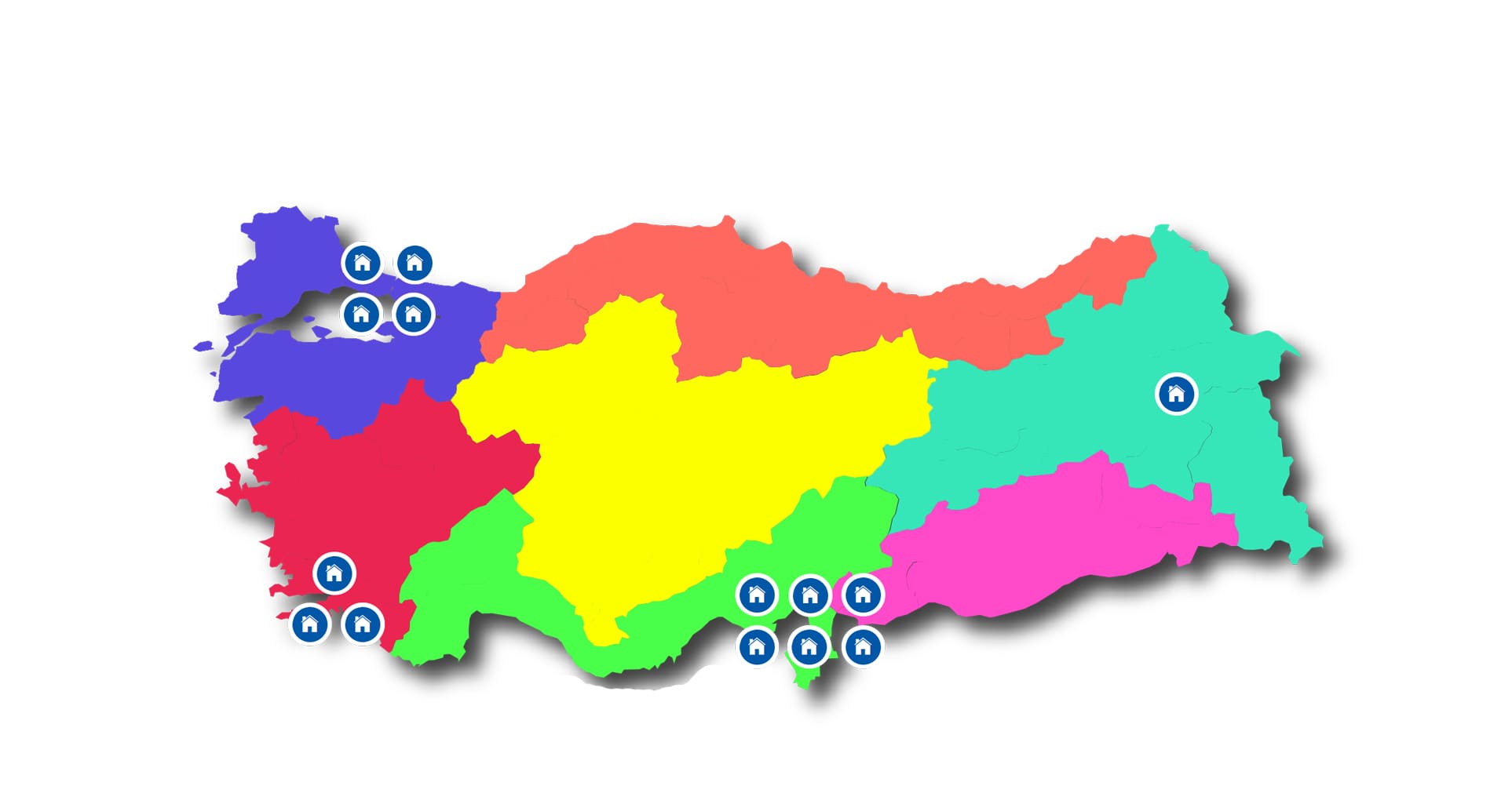 Tınaztepe Vakfının okul yaptırdığı Hatay, İstanbul, Muğla ve Van illerini gösteren Türkiye haritası
